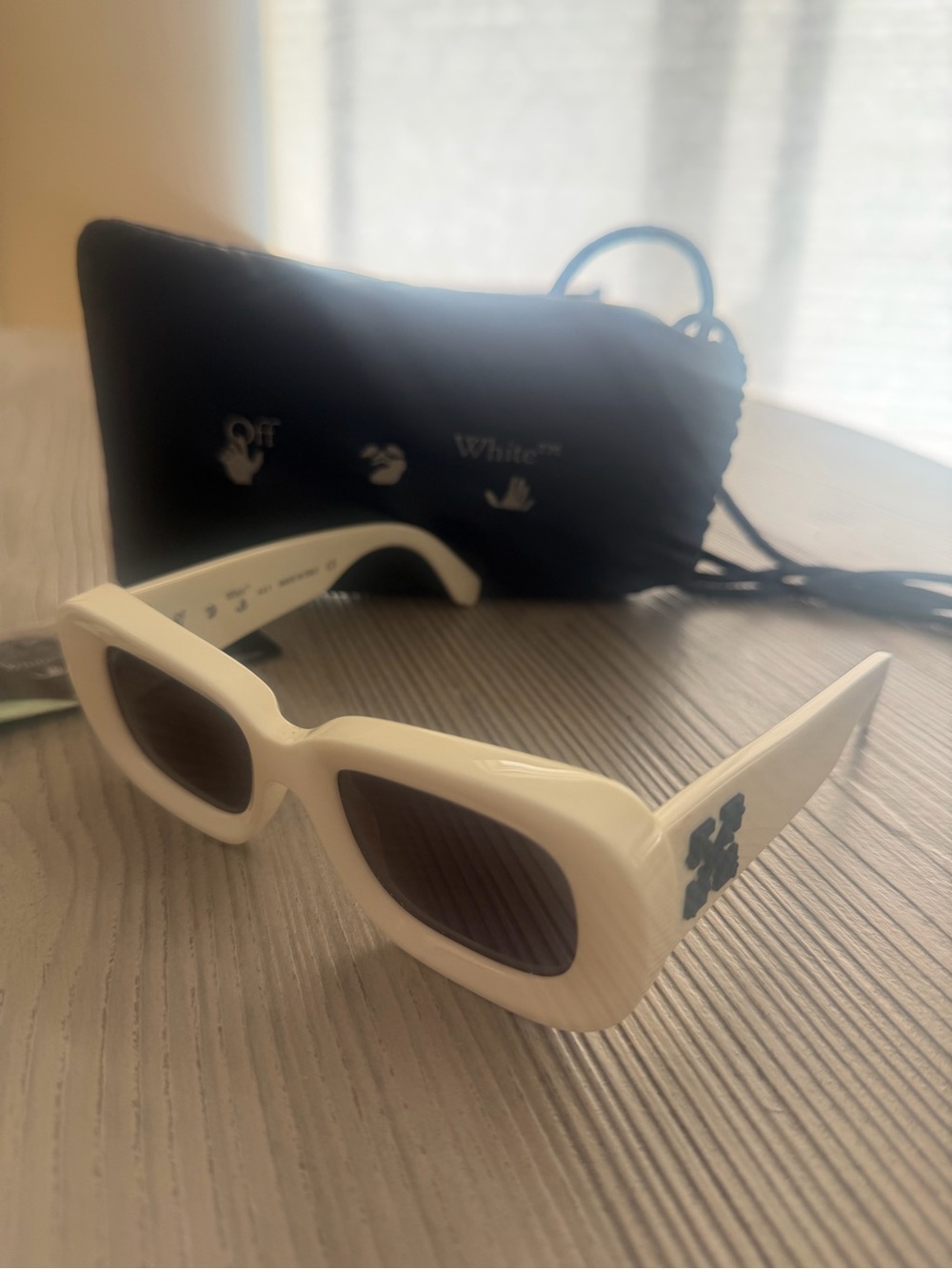 Off-White Cream Rectangular Women's Sunglasses with Black Logo